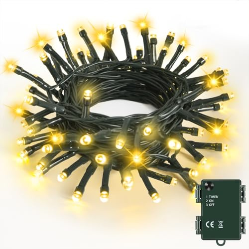 Bowfar Battery Christmas Lights, 5M 50 LED Warm White String Fairy Lights Battery Operated with 6h Timer, Waterproof Christmas Tree Lights for Indoor Outdoor Christmas Decorations(Dark Green Cable)
