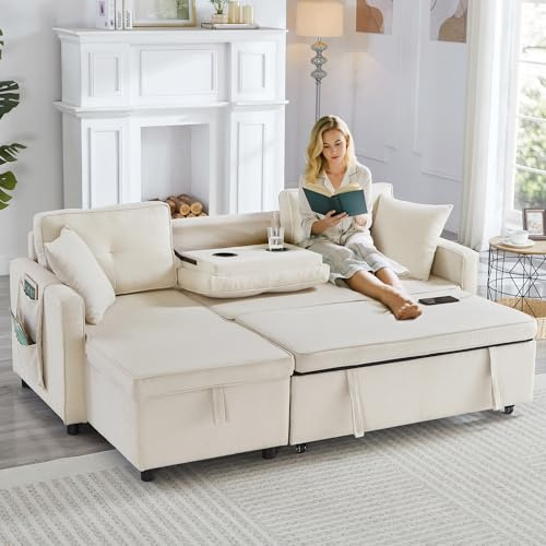BTM L-Shaped Pull Out Sofa Bed, 3 Seater Sofa Bed, 3 in 1 Convertible Sectional Sofa with Storage Chaise, Drop-Down Table, Cup Holders and Charging Ports (USB & Type-C), Beige