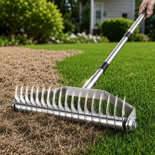 Dethatching Garden Rake for Lawns, 39.5cm Thatch Rake with 20 Curved Tines, Heavy Duty Stainless Steel Lawn Scarifier Rake, Adjustable Handle, for Moss & Dead Grass Removal, Soil Loosening & Lawn Care