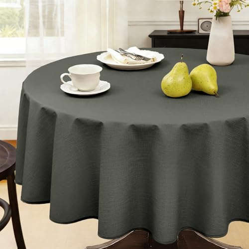 FIBORIA Wachstuchtischdecke Rund 140 cm mit Saum Leinenoptik Anthrazit Outdoor Tischdecke wetterfest wasserdicht abwischbar Gartentischdecke Tischtuch für Draußen,Balkon,Couchtisch,Terrasse,Hochzeit