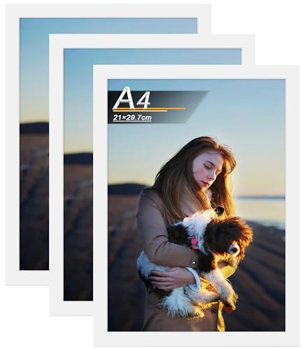 Tinkeps Bilderrahmen A4 Weiß 3er Pack, MDF | Rahmen für Fotos, Poster, Kunstbilder, Wandmontage oder Tisch, Hoch- und Querformat, Acrylplatte, Zuhause, Büro, Galerie