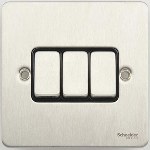Schneider Electric Ultimate Flat Plate - 3 Gang 2 Way Light Switch, Single Pole, 16AX, GU1232BSS, Stainless Steel with Black Insert