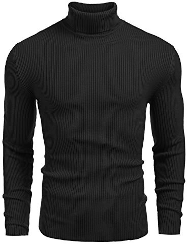 COOFANDY Men's Ribbed Slim Fit Knitted Pullover Turtleneck Sweater, Black, Medium