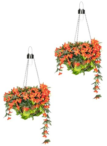 Primrose Duranta Artificial Hanging Baskets with Solar Light - 4 Colours (Red, Pair)