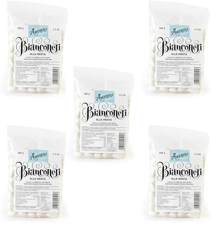 5x Amarelli - bianconeri 100 gr -> 5 confezioni da 100gr ciascuna | Liquirizia Pura, 500gr in totale (Menta)