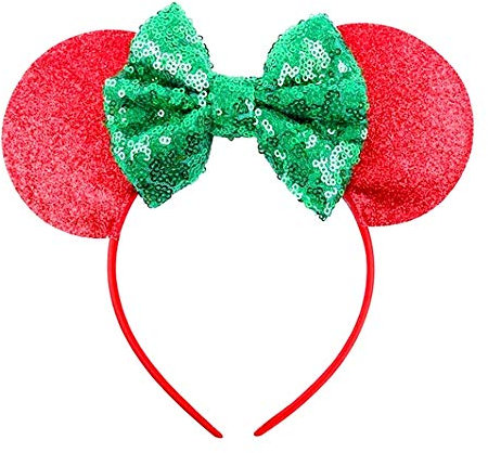 Serre-tête Souris Oreilles Paillettes Rouge Vert Femme Fille Carnaval Minnie Accessoire Cheveux Idée Cadeau Noël Originale