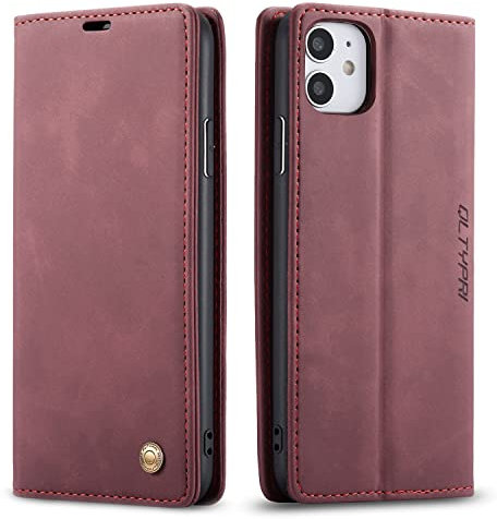 QLTYPRI Hülle für iPhone 11, Vintage Dünne Handyhülle mit Kartenfach Geld Slot Ständer PU Ledertasche TPU Bumper Wallet Case Flip Schutzhülle Kompatibel mit iPhone 11 - Rot