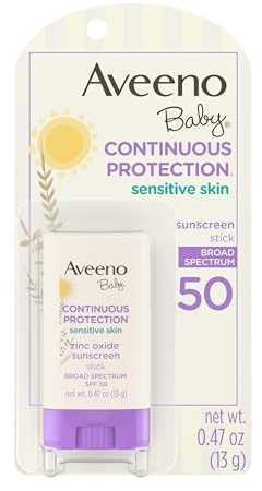Aveeno Baby Continuous Protection Mineral Sunscreen Stick for Sensitive Skin with Broad Spectrum SPF 50 Protection for Face & Body, Naturally Sourced 100% Zinc Oxide, Travel Size, 0.47 oz