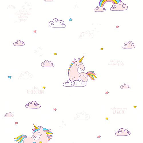 Babyzimmer Tapete mit Einhorn | Wolken Tapete für Kinderzimmer | Rosa Tapete ideal für Mädchenzimmer von Babys | 10,05 x 0,53 m