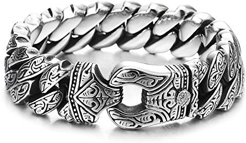 COOLSTEELANDBEYOND Herren Vintage Panzerkette Armband aus Edelstahl Farbe Silber mit Tribal Tätowierung Muster, Retro-Stil, Männlich