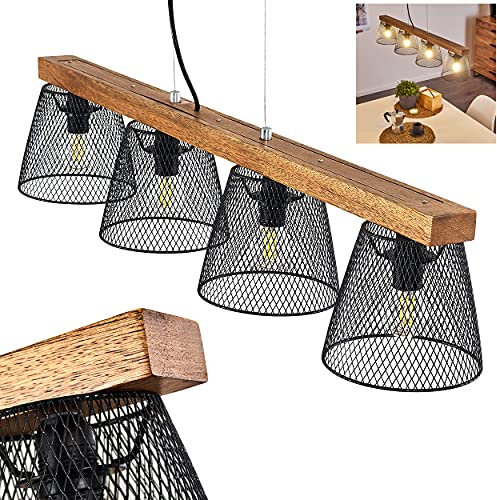 Suspension Rhodes, lampe à suspendre vintage en métal/bois en noir/naturel, 4 flammes, 4 x E14, hauteur max. 151 cm, lampe à suspendre rétro en optique grille dans le style industriel, sans ampoules