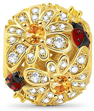 GNOCE Gänseblümchen Hohl Charms Perle Sterling Silber 18 Karat vergoldet mit Zirkonia Steinen Blume und Marienkäfer Charm Fit Armband/Halskette Geschenk für Frauen Mädchen