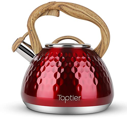 Toptier Teekessel, Pfeifkessel mit Holzmuster-Griff, laute Pfeife, lebensmittelechter Edelstahl, Teekanne für Herde, Induktion, Diamant-Design, Wasserkessel, 2,7 l, Rot
