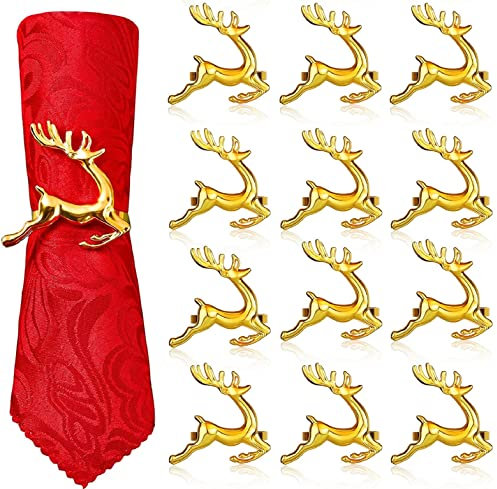 LATERN 12 Stück Weihnachten Rentier Servietten Ringes, 6CM Gold Hirsch Serviettenhalter Rentier Serviettenschnalle für Weihnachten Mittagessen Thanksgiving Party Urlaub Hochzeit Tischdekoration