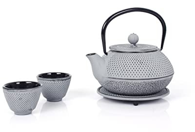Echtwerk Cast Iron Tea Set, Teapot 0.8 L with Removable Strainer, Tea Maker with Saucer, Vintage Design Teapot Set for Making Loose Tea, Grey