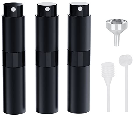 Darbermu 8ML Perfume Atomiser, Refillable Travel Atomiser Bottles Mini Portable Spray Aftershave Empty with Funnel and Refill Pump for Travel, Vacation (Black)