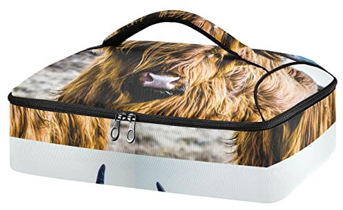 Earth-yellow Scottish Highland Cow Vintage Style Insulated Casserole Dish Carrier Bag 9x13 with Lid, Warmer Portable Tote for Hot or Cold Food Picnic Party Potluck Beach