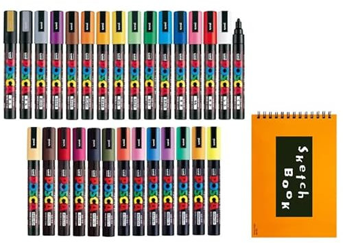Posco Sanetomo Posca Acrylic Paint Pens Fine Point Tip 1.8-2.5mm 29 Colors PC-5M, For Rock, Fabric, Glass, Metal Paint, Including Notebook