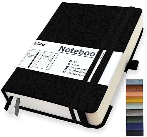 Mlife A5 liniert Journal Notizbuch,360 Seiten Und 100g/M² Tintenfestes Papier,Hardcover Collegeblock Notizblock,Notizbücher Mit Falttasche Für Büro Schule Zuhause Schreiben&Notizen(Schwarz)