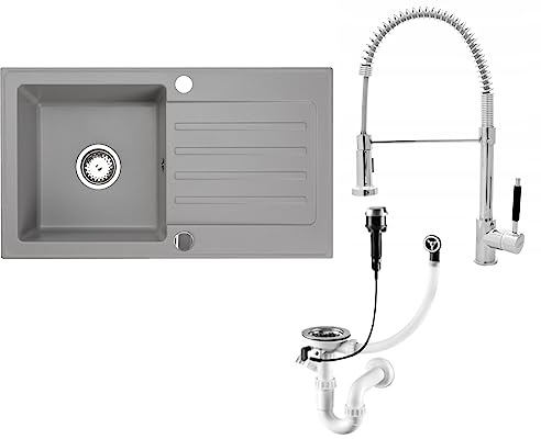 Faizee Möbel | Granitspüle 76x44 cm Grau | Eckige Küchenspüle mit Spiralarmatur in Chrom & Siphon-Set | Kratzfest & hitzebeständig | Für Unterschränke ab 45 cm