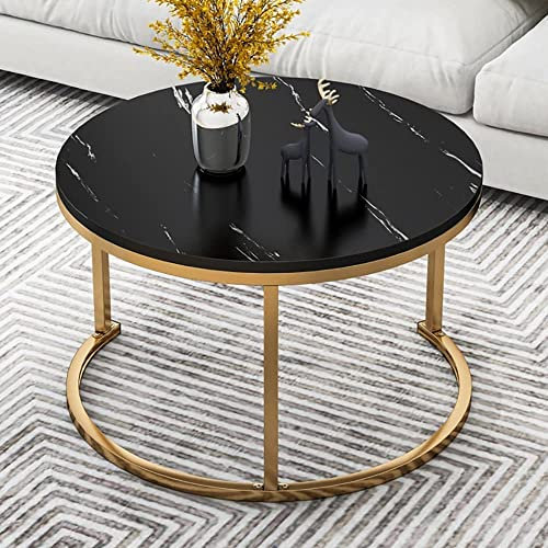 Table Basse gigogne Ronde avec Plateau en marbre et Cadre en métal MDF Imitation marbre, Cadre en Arc Artisanal de Couleur Or, Cadre en Acier élargi Extensible, pour la décoration de la mais
