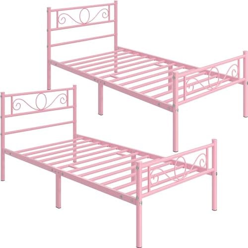 Yaheetech Set di 2 Struttura Letto Singolo in Ferro Battuto a Doghe in Metallo Stile Moderno Testiera Elegante Rosa 90 x 190 cm