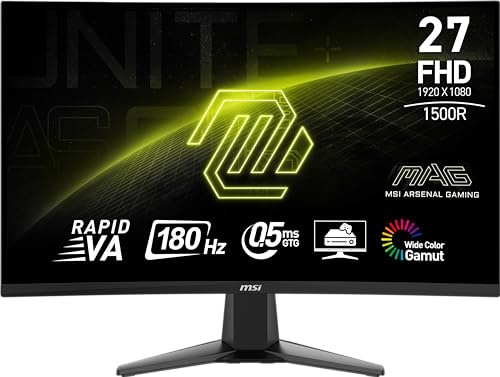MSI MAG27C6F 27 Inch 1920 x 1080 (FHD), Rapid VA, Gaming Monitor 180Hz, Adaptive Sync, 0.5ms, HDMI, Display Port, VESA Mountable, Tiltable