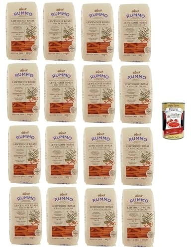 Italian Gourmet Pennette Rigate N°70 Pasta di lenticchie Reis 16 x 300g | Senza glutine con riso integrale, glutenfrei und ballaststoffreich, perfekt, Gesamtnettogewicht 4,8 kg + Kostenlos Polpa 400g
