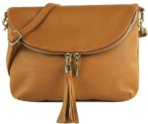 modamoda de T07L / T139L Damen Leder kleine Umhängetasche 2 Modelle handmade in Italy, Farbe:Camel