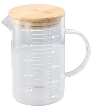 Dokeno Jarra Medidora Cristal 1000ML con Tapa de Bambú, Taza Medidora de Vidrio con Escala, Vaso Medidor Cristal Laboratorio Boquilla en Forma de V para Cocina o Restaurante