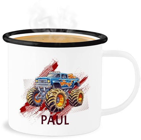 Emaille Becher Blechbecher - Auto - Monstertruck mit Name | Monster Truck Personalisiert | Riesentruck - 300 ml - Weiß Schwarz - cars automotiv tasse autos motiv und personalisieren sportwagen und.