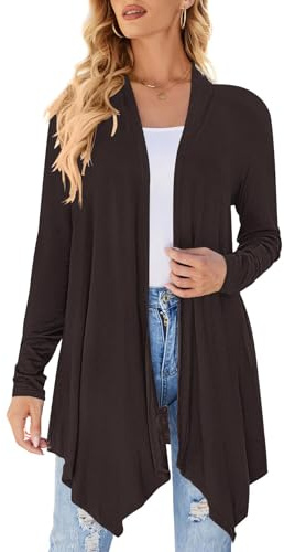 Cardigan da donna drappeggiato aperto sul davanti casual a maniche lunghe leggero cardigan maglioni spolverino, Marrone scuro, XX-Large