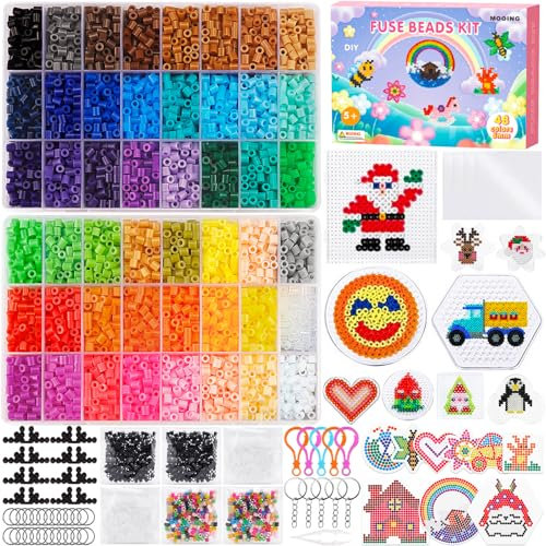 MZJAUVFPerles à Repasser, 10000+ Perles a Repasser Set, 48 Couleurs Perle a Repasser, 5mm Perles Repasser, Plaque Perle a Repasser, Cadeau Noël Anniversaire pour Garçon Filles