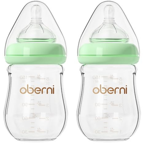 Oberni Babyflaschen aus Glas mit Silikon Sauger Größe 1, Milchflasche Weiter Öffnung, Babyflasche mit Anti-Colic-Ventil für Neugeborene Babys ab 0+ Monate, 150ml, Grün, 2 Stück