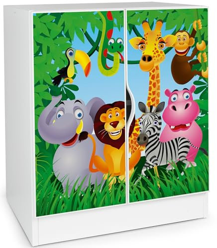Leomark Moderner Kleiderschrank Roma - Weißer Schrank für Kinderzimmer, höhenverstellbare Einlegeböden, 60 x 42 x 78 cm (H) | UV-Druck: Tiere