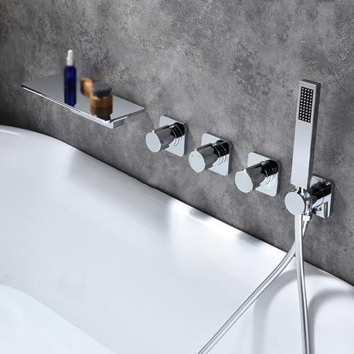 Shower Mixer Rubinetti per Vasca a Parete Miscelatore per Vasca a Cascata a Incasso Miscelatore per Bagno a 5 Fori con Doppia Maniglia Miscelatore per Bagno Caldo e Freddo in Ottone con Doccia Cromo