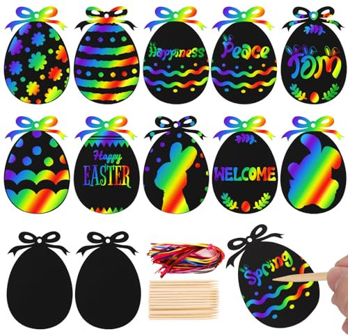 COLOFALLA 48 Stücke Ostern Kratzbilder Ostern Kinder Basteln Regenbogen für Kinder Kratzpapier Oster Deko mit Stäbchen und Band Oster DIY Ostern Hängendeko (9 x 6cm)