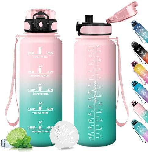 Botella Agua Deportiva 1.5L, Cantimplora Prueba de Fugas, Botella Agua con Marca de Tiempo, Botella Reutilizable, Botella Agua Deporte, Botella Agua para Running, Gimnasio, Cámping, Gym, Sport, Yoga