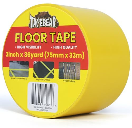 TAPEBEAR Ruban de Sol Jaune - 75mm x 33m, Ruban Vinyle Sécurité Anti-Dérapant pour Marquage (Entrepôt, Gym, Chantiers)