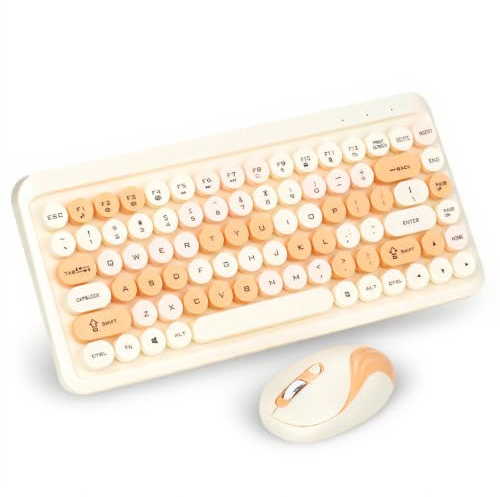Zunate Wireless Keyboard and Mouse Combo, Full Size Retro Round Keycap, 2.4G USB, Plug and Play, for Computer, Desktop, PC, Laptop (Orange)