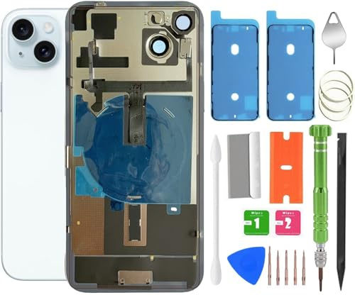 ALOCHSHOW 15 Plus Verre arrière de rechange avec câble flexible de charge sans fil, cadre d'appareil photo, toutes les pièces pour iPhone 15 Plus (6,7 pouces), remplacement du verre arrière avec kit