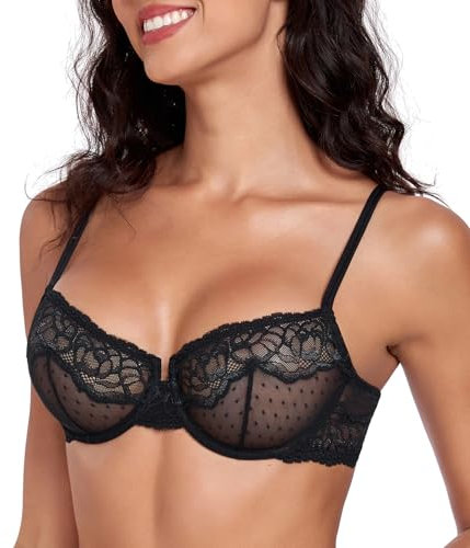 Lemorosy Reggiseno Balconcino Push up per Donna Sexy Fiori di Pizzo con Ferretto (Nero,3E)