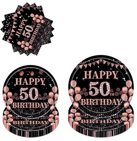 50th Birthday Party Tableware Set - 96 Pcs Black Rose Gold Paper Plates Napkins Dinnerware Party Decorations For Her Him Women Men 50th Birthday Party Supplies Serve 24 Guests
