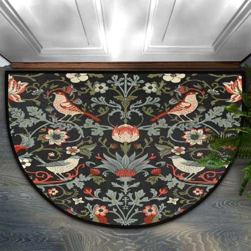 GeMeFv Vintage Birds Half Round Door Mat, Ethnic Flower Non-Slip Half Circle Area Rug, Dirt Trapper Doormat, Absorbent Half Moon Rug for Indoor Kitchen Bedroom, 60 x 90cm
