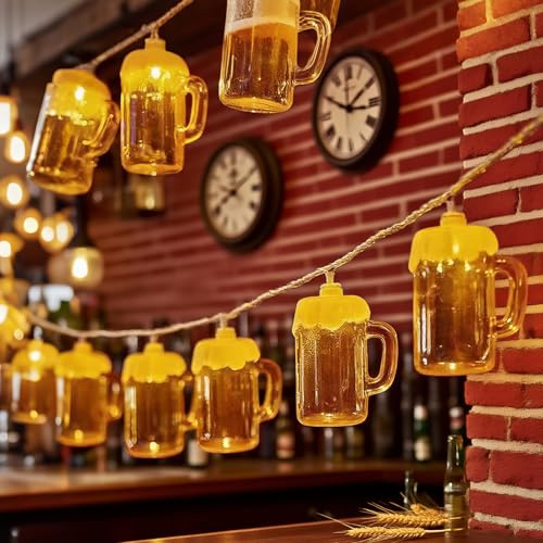 Bierkrug Led Lichterkette Batterie mit Timer, 2M 10 LED Bier Sommer Lichterketten Batteriebetriebene, Oktoberfest Deko Lichterkette Innen Außen, Lichterketten für Bar, Sommerparty, Oktoberfest Party