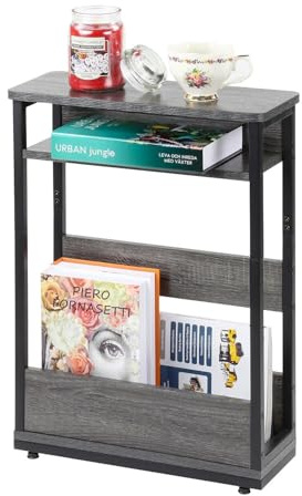 Livhome Narrow Side Table with Shelf, Small Nightstand with Storage, Bedside Table for Bedroom, Sofa Table with Magazine Rack, Functional Small Coffee Table for Living Room and Office Spaces (Grey)