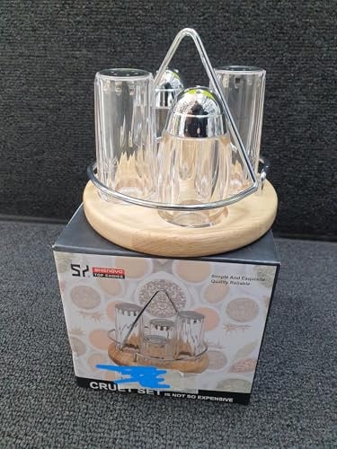 Shenguo Glass Cruet Set with Wooden Base, Salt and Pepper Shakers with Holder, Clear