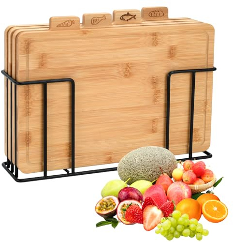 BSDLZCH 4 Pcs Bamboo Chopping Board Set with Iron Stand, 32x25cm | Durable Wooden Cutting Boards Kitchen Accessories, Index Boards for Meat, Veg & Fish. Ideal for Carving, Slicing & Food Prep