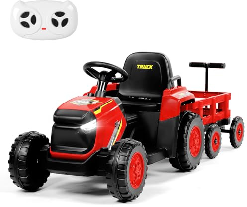 H.yeed Kids Ride on Tractor and Trailer Aged 3-6, 12V Battery Powered Electric Toy Car with Remote Control, Bluetooth Music, LED Lights & USB for Boys, Girls (Red)