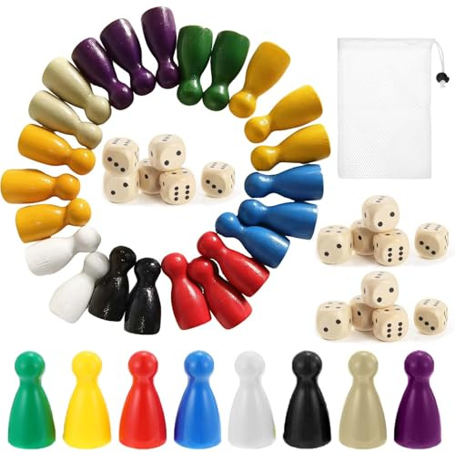 160 Stück Spielfiguren Für Brettspiele und 16 Stück Würfel aus Holz Würfel aus Holz Farbenfrohe Brettspiele Holzpuppen mit Säckchen zur Aufbewahrung Brettspieles für Kinder Erwachsene